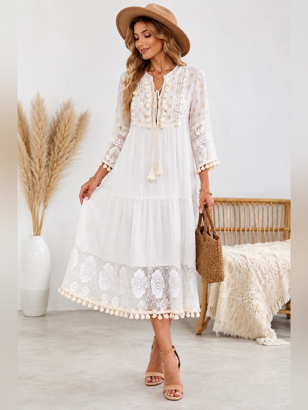 White Long Tiered Boho Dress Lace Polka Dots Romantic Cottagecore Size Small - Picture 1 of 14